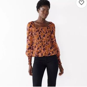 Nine West Brown Puff Sleeve Smocked Long Sleeve Blouse